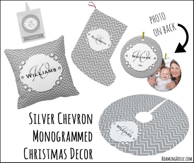 Silver and White Chevron Monogrammed Christmas Decor